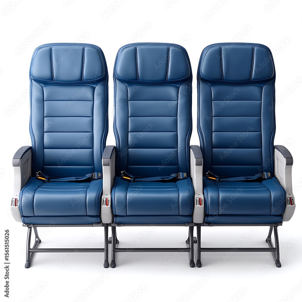 Obraz premium Three blue leather airplane seats are arranged in a row, isolated on white background