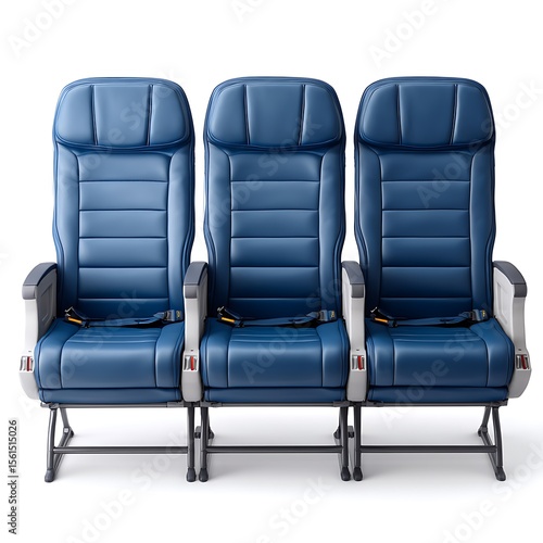 Three blue leather airplane seats are arranged in a row, isolated on white background