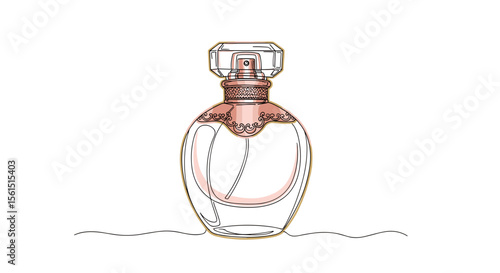 One line vector doodle illustration of perfume bottle with gold and rose accents, watercolor fill for beauty logo, branding and packaging
