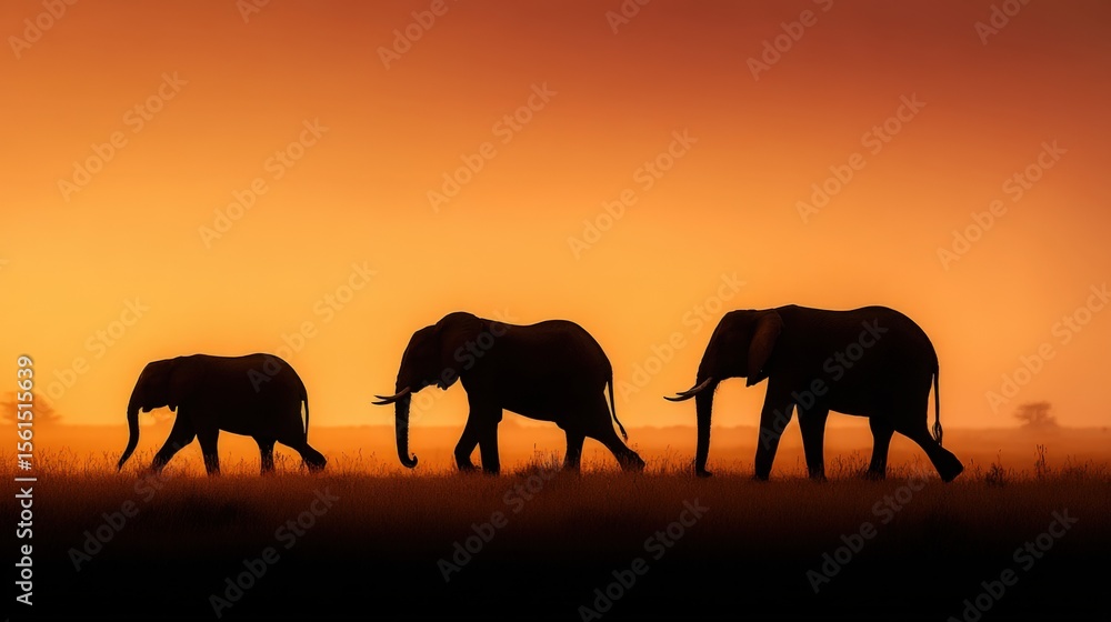 Fototapeta premium Majestic elephants walking across a vast plain during a stunning orange sunset.