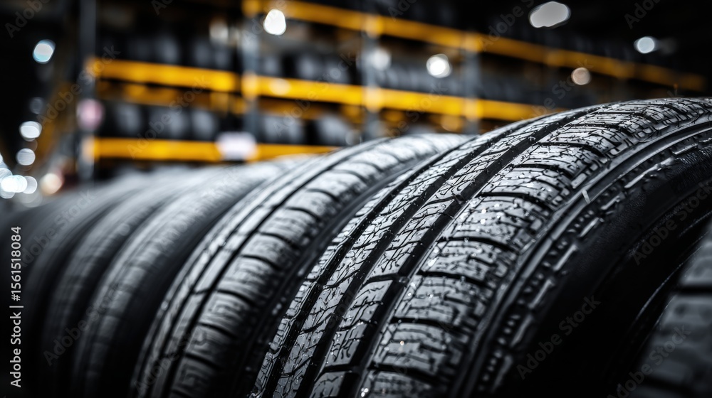 Fototapeta premium Long row of new car tires with detailed tread pattern in automotive warehouse setting.