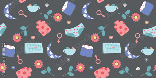 Menstrual Cycle, PMS and Feminine Health Vector on  dark background