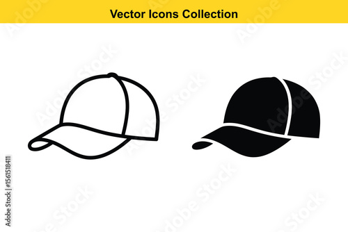 Two baseball caps one in outline and one solid black vector icons