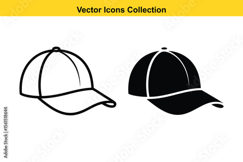 Two baseball caps one in outline and one solid black vector icons