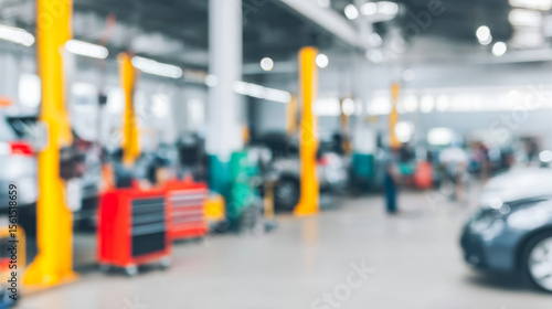 Wallpaper Mural Busy car service center with mechanics fixing vehicles in a soft focus ambiance Torontodigital.ca
