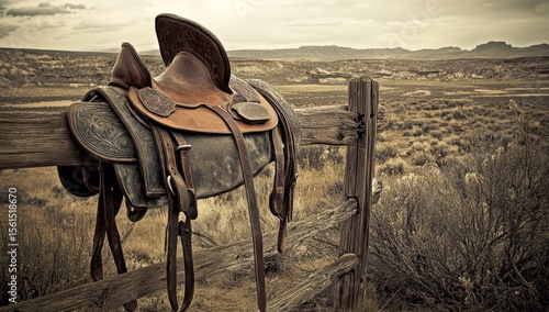 Aged leather saddle on rustic wooden fence in arid landscape