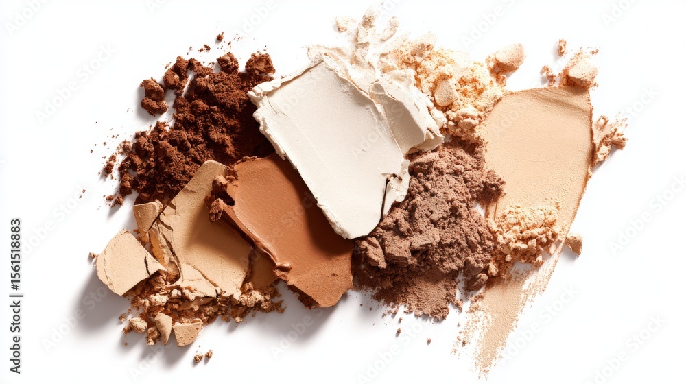 Fototapeta premium Assorted crushed makeup powders and eyeshadow pigments in various shades on white surface.