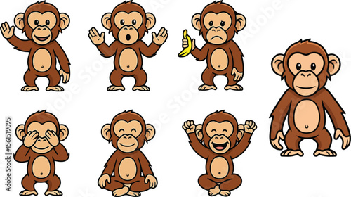vector illustration of chimpanzee monkey orangutans primal funny cute cartoon mascot character cartoon with 7 poses 