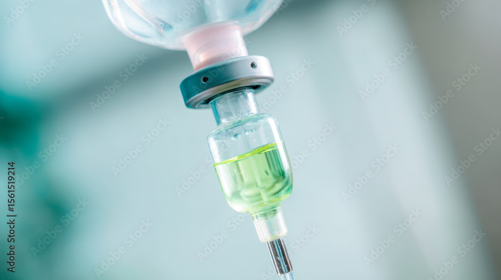Detailed view of an intravenous IV drip in a sterile hospital environment under soft lighting Detailed view of an intravenous IV drip in a sterile hospital environment under soft lighting