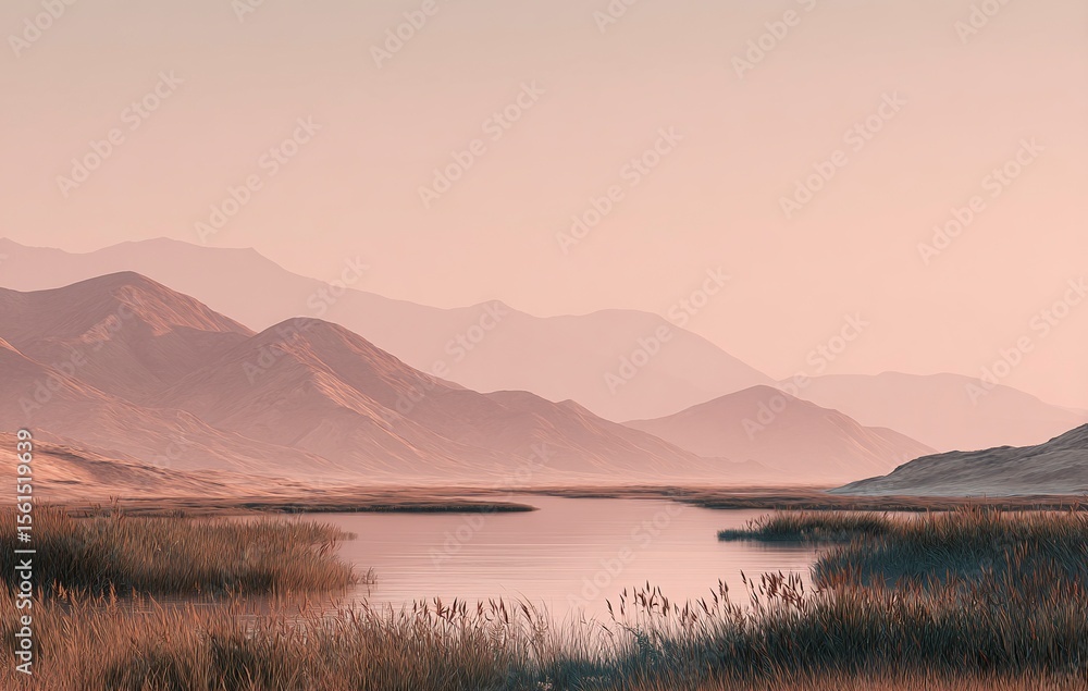 Obraz premium minimalist, beautiful landscape, wide shot of the soft pink and beige desert mountains in background, the foreground is an open grassy plain with tall reeds, a calm lake or river reflects the pale sky