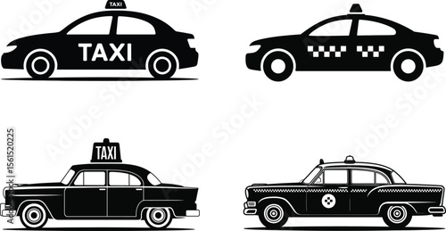 Set of Taxi Car Icons in Black Silhouette Style