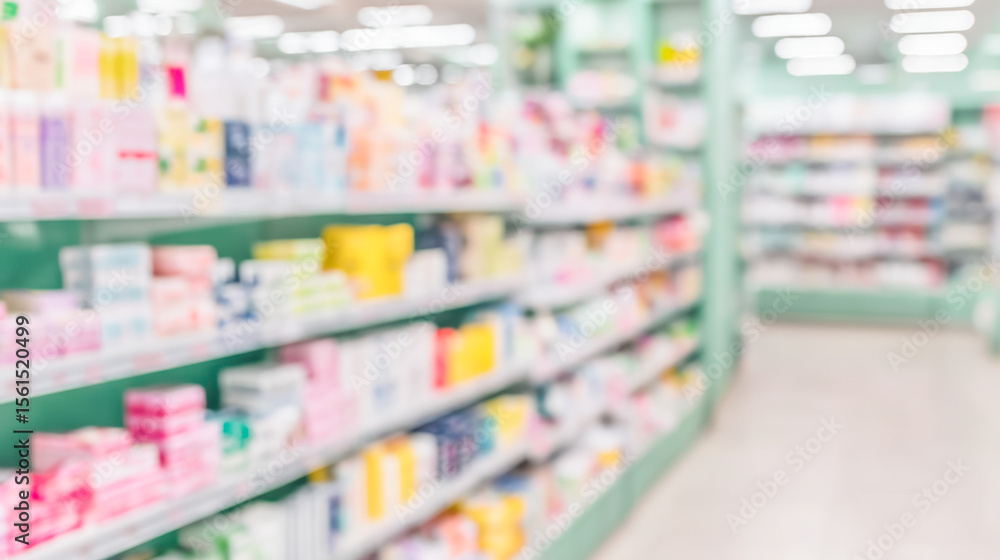 Fototapeta premium Pharmacy drugstore interior with blurred shelves full of healthcare products and medication