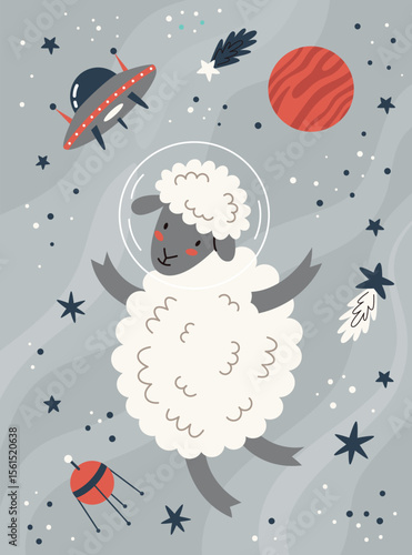 Kids space poster with cute animal astronauts. Playful cosmic adventure for kids' rooms and educational decor. Bright cartoon style with planets, rockets and friendly creatures.Vector illustration