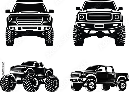 Four Different Pickup Trucks in Black Silhouette Style silhouette