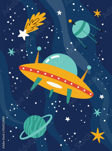 Kids space poster with ufo. Playful cosmic adventure for kids' rooms and educational decor. Bright cartoon style with planets, rockets and friendly creatures.Vector illustration