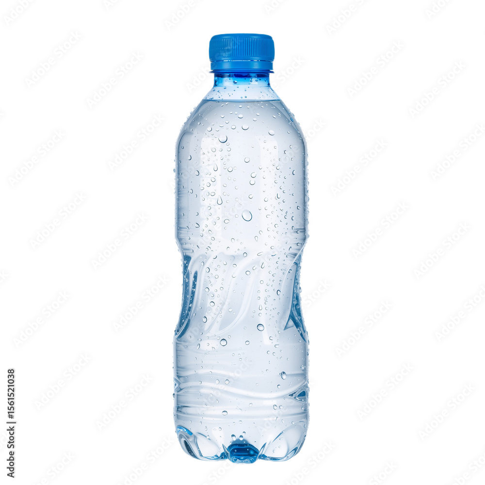 Fototapeta premium Clear Glass Water Bottle with Metallic Cap Against White Background, Radiating Simplicity, Purity, and Natural Refreshment