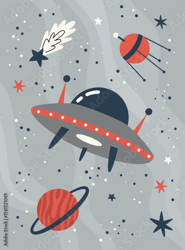 Kids space poster with ufo. Playful cosmic adventure for kids' rooms and educational decor. Bright cartoon style with planets, rockets and friendly creatures.Vector illustration