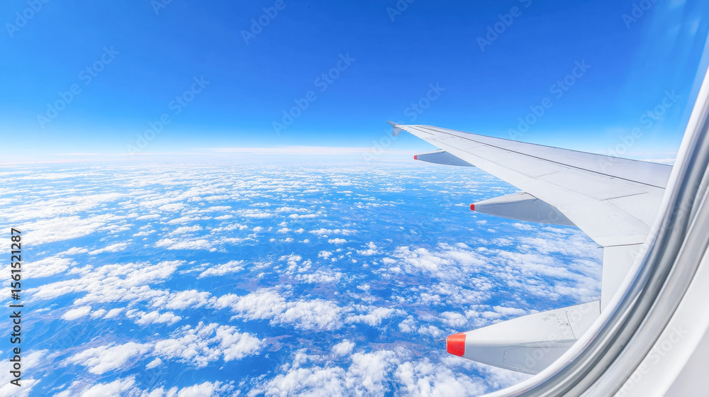 Breathtaking view from an airplane window showing serene blue sky and fluffy white clouds Breathtaking view from an airplane window showing serene blue sky and fluffy white clouds