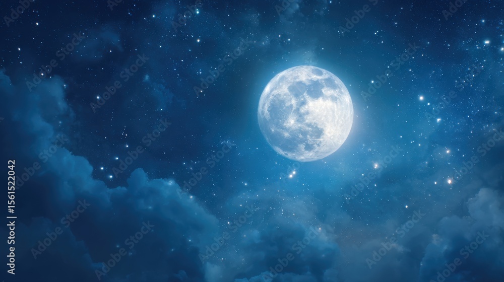 Obraz premium Stunning full moon illuminating a starry night sky over fluffy clouds and mist.