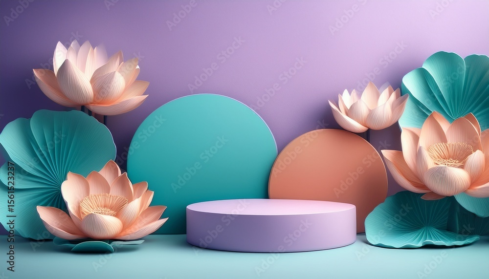 Fototapeta premium Pale turquoise empty podiums on pink background with turquoise, purple and corall lotus flowers. Generated image