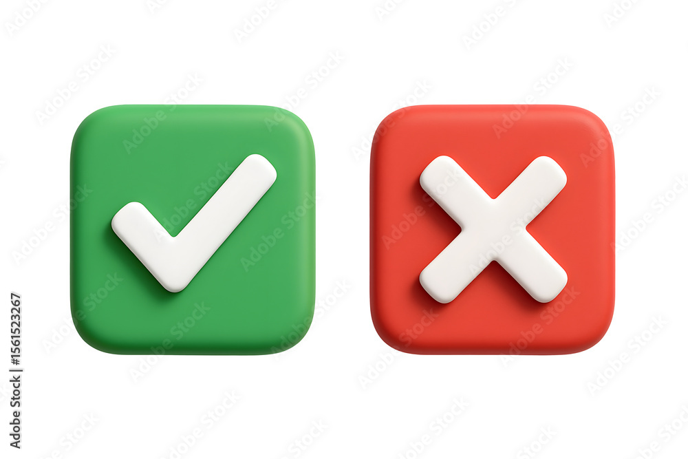 3D green check mark icon and red cross icon representing approval and rejection symbols isolated on transparent background 3D green check mark icon and red cross icon representing approval and rejection symbols isolated on transparent background