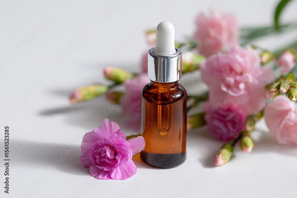Bottle of facial serum with dropper and flower on white surface Bottle of facial serum with dropper and flower on white surface