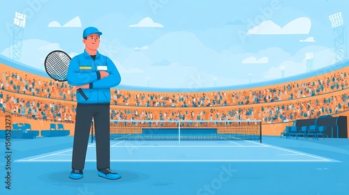 Tennis coach at stadium with crowd on sunny day