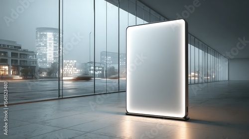 Fototapeta Naklejka Na Ścianę i Meble -  Modern illuminated digital billboard in a contemporary lobby with city view