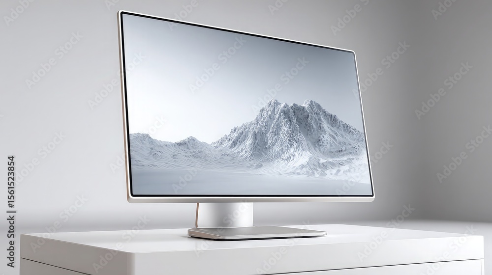 Fototapeta premium Modern computer monitor displays a stunning snow covered mountain landscape