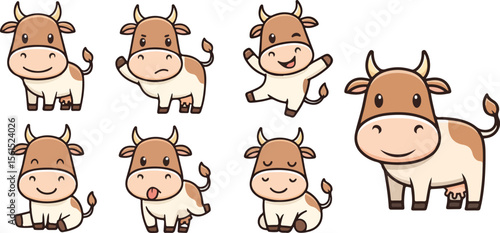 vector illustration of cow cattle neat buffalo bull funny cute cartoon mascot character cartoon with 7 poses 02