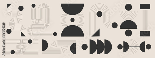 Abstract minimal element mid century vector set. Aesthetic contemporary stripe line art, vintage geometric shape in monochrome. Atomic age Art form design for wall art, decoration, wallpaper.