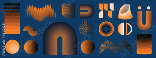 Abstract minimal element mid century vector set. Aesthetic contemporary stripe line art, vintage geometric shape,halftone in monochrome and orange. Atomic age Art form design for wall art, decoration.