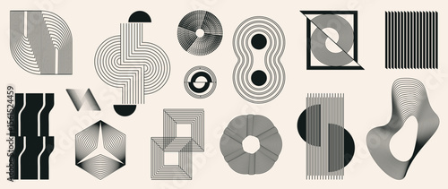 Abstract minimal element mid century vector set. Aesthetic contemporary stripe line art, vintage geometric shape in monochrome. Atomic age Art form design for wall art, decoration, wallpaper.