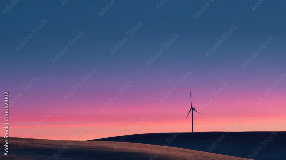 Obraz premium Serene landscape with a solitary wind turbine on rolling hills during vibrant sunset sky.