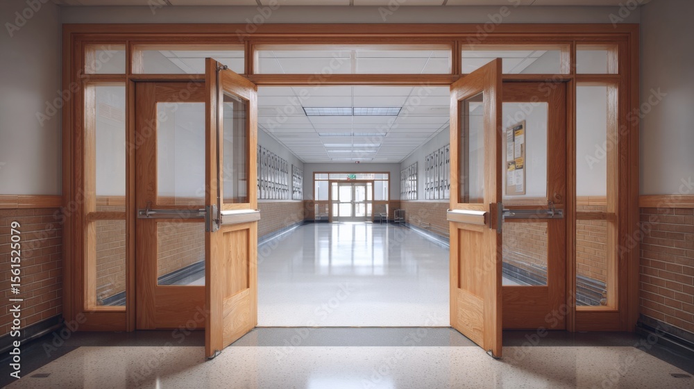 Fototapeta premium Bright empty school hallway with wooden doors and open glass doors leading to classrooms.