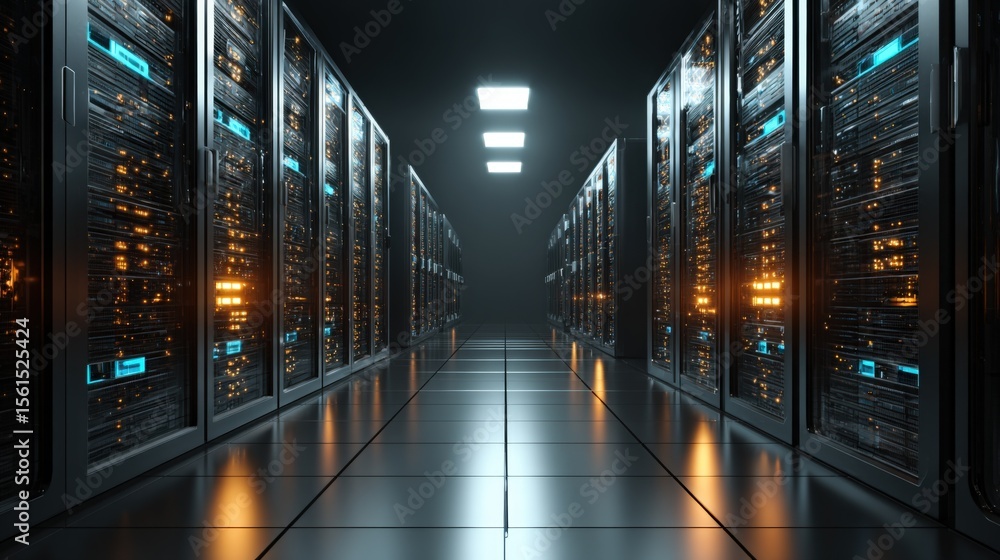 Fototapeta premium Modern data center with server racks illuminated in a high-tech industrial environment.