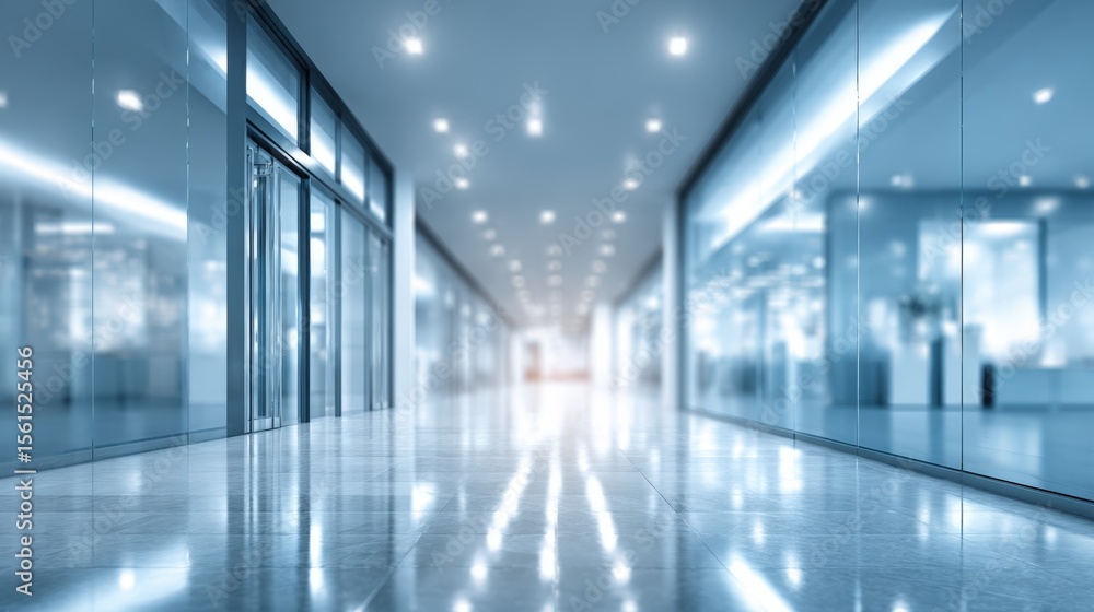 Fototapeta premium Modern spacious glass corridor in office building with sleek design and bright lighting.