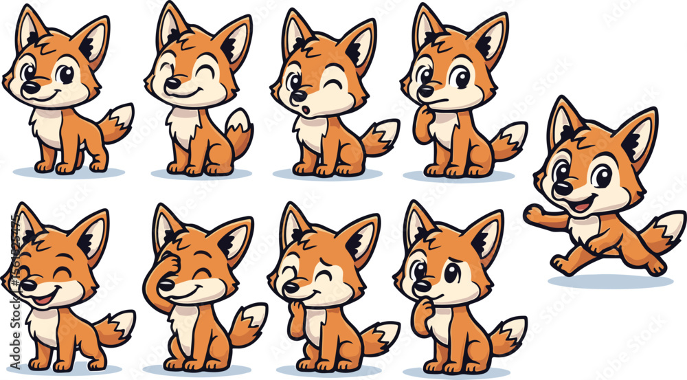 Obraz premium vector illustration coyote fox wolf jackal funny cute cartoon mascot character cartoon with 9 poses 03