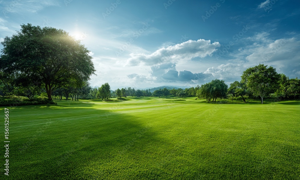 Beautiful green grass field landscape with a blue sky and sunlight, a golf course in the background. Beautiful green grass field landscape with a blue sky and sunlight, a golf course in the background.