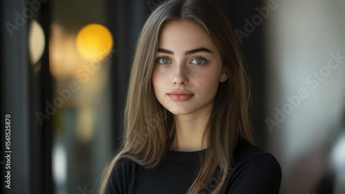 Wallpaper Mural Portrait of a young woman with long brown hair and green eyes, wearing a black shirt. Torontodigital.ca