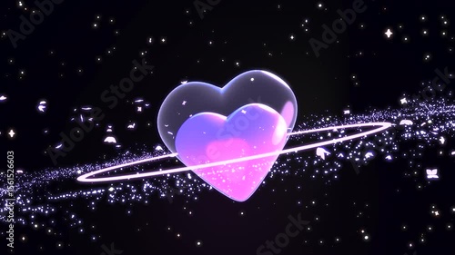 Looped glowing butterflies flying around heart planet in the galaxy animation.