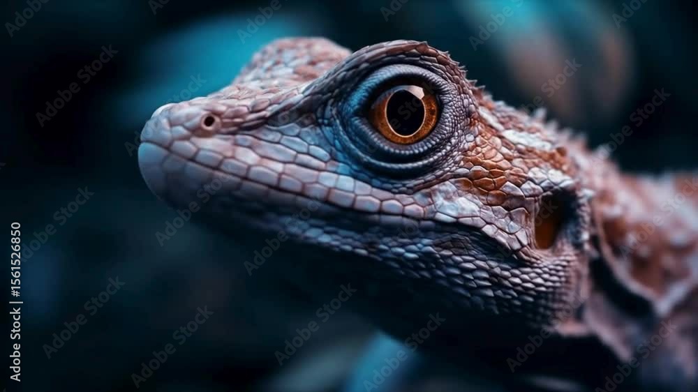 Close-Up of a Lizard's Eye and Head in a Dark, Moody Environment Close-Up of a Lizard's Eye and Head in a Dark, Moody Environment