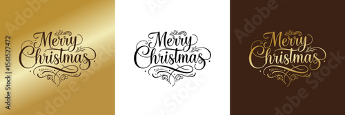 "Merry Christmas!" isolated vector image calligraphic greeting inscription for greeting cards, t-shirt print three versions - on gold, transparent and colored backgrounds