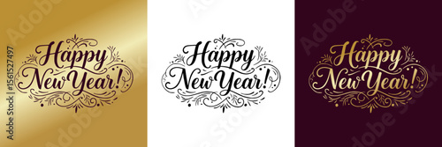 "Happy New Year!" isolated vector image exquisite greeting card lettering, t-shirt print three versions - on gold, transparent and colored backgrounds
