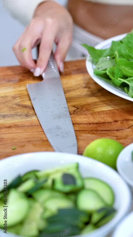Preparing Fresh Salad with Knives on Wooden Board Preparing Fresh Salad with Knives on Wooden Board