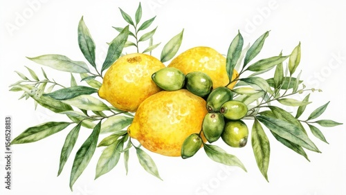  Watercolor Lemons, Olives, and Leaves Arrangement. A charming watercolor illustration features a cluster of bright yellow lemons, deep green olives, and lush green leaves arranged decoratively. 