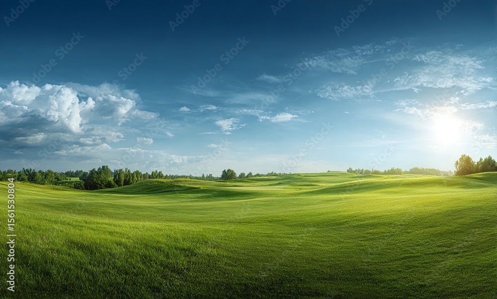 Obraz premium Beautiful green grass field landscape with a blue sky and sunlight, a golf course in the background. 