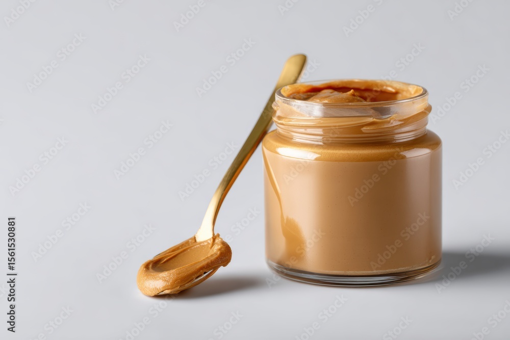 Jar of peanut butter with spoon beside on clean white Jar of peanut butter with spoon beside on clean white