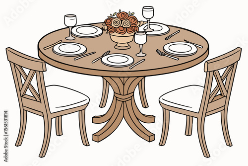 High quality vector illustration of a classic wooden dining table and chairs set