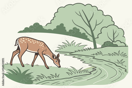 Simple illustration of a deer peacefully grazing by a flowing river
